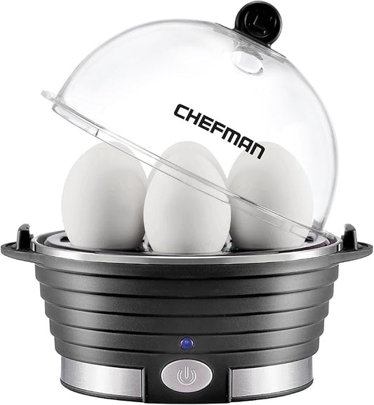 Chefman Egg-Maker Rapid Poacher, Food & Vegetable Steamer, Quickly Makes Up to 6, Hard, Medium or Soft Boiled, Poaching/Omelet Tray Included, Ready Signal, BPA-Free, BLACK